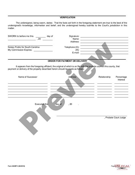 South Carolina Affidavit For Collection Of Personal Property Pursuant