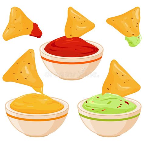 Bowls Of Avocado Guacamole Dip Tomato Salsa Cheese Sauce And Nachos