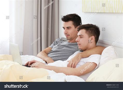 Happy Gay Couple Lying Bed Laptop Stock Photo Shutterstock