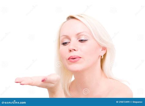 Blonde Woman Blowing While Sending An Air Kiss Stock Image Image Of Caucasian Camera 29872499