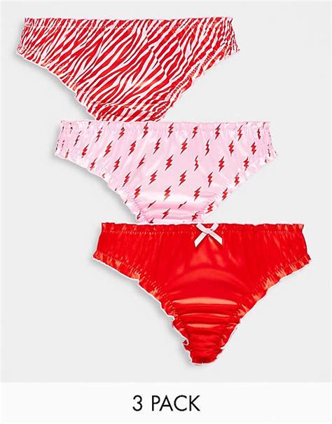 Asos Design 3er Pack Geraffte Satin Tangas In Rot Und Rosa Mit