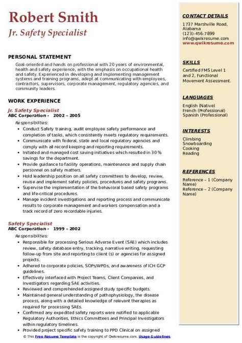 Safety Specialist Resume Samples Qwikresume