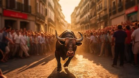 Premium AI Image | Bulls race through the streets during San Fermin ...