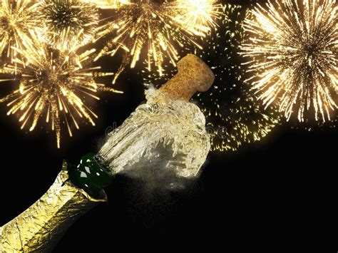 De Fles En Cork Van Champagne Met Aangestoken Vuurwerk Stock Foto