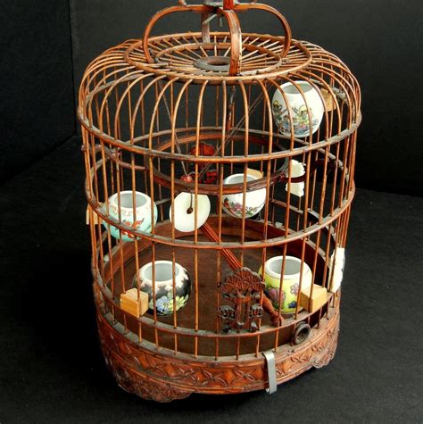 Vintage Chinese Bird Cage With Hand Painted Seed And Water