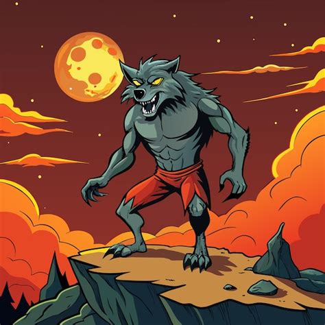 Una Caricatura De Un Lobo Con Un Fondo Rojo Con Una Luna Roja En El