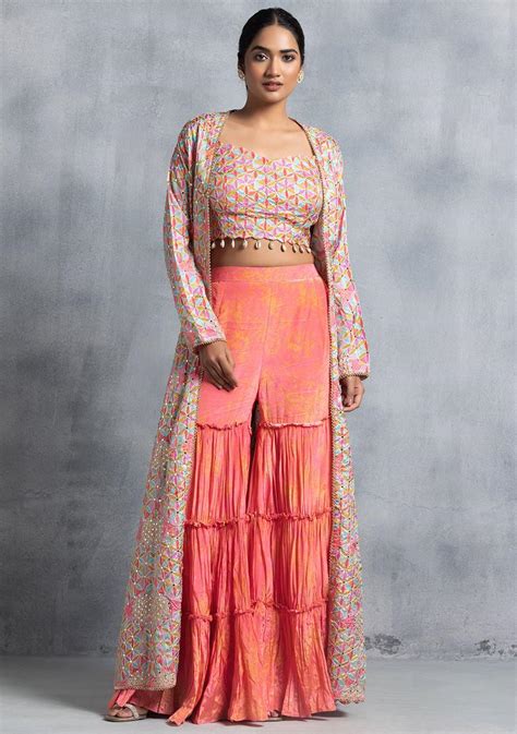 Buy Women Pink Sharara Set With Multicolour Embellished Blouse And