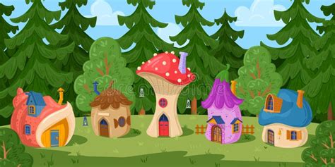 Caricatura Forestal Hadas Pueblo De Cuento De Hadas Gnome Setas Casas