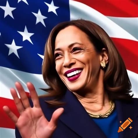 Kamala Harris Smiling And Waving With Wavy American Flag Background And