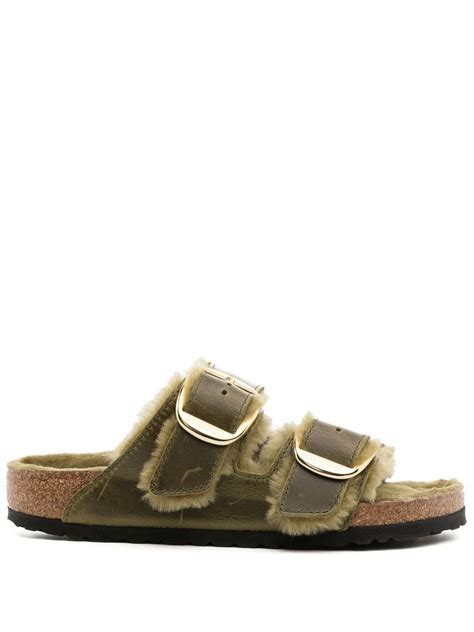 Birkenstock Arizona Big Buckle Shearling Lined Leather Sandals In Green Modesens