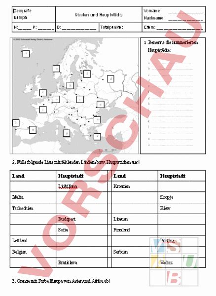 Arbeitsblatt Staaten Und Hauptst Dte Geographie Europa