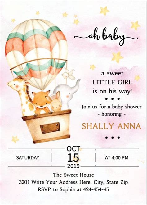 BABY ELEPHANT HOT AIR BALLOON BABY SHOWER INVITATION GIRL Bobotemp