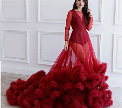 Red Ruffled Sheer Maternity Tulle Dress Maternity Robe Etsy