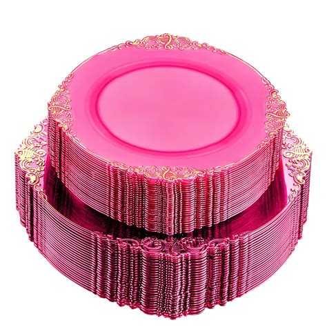 Joyido 102PCS Clear Hot Pink Plastic Plates Pink Disposable Plate With Gold Rim Hot Pink