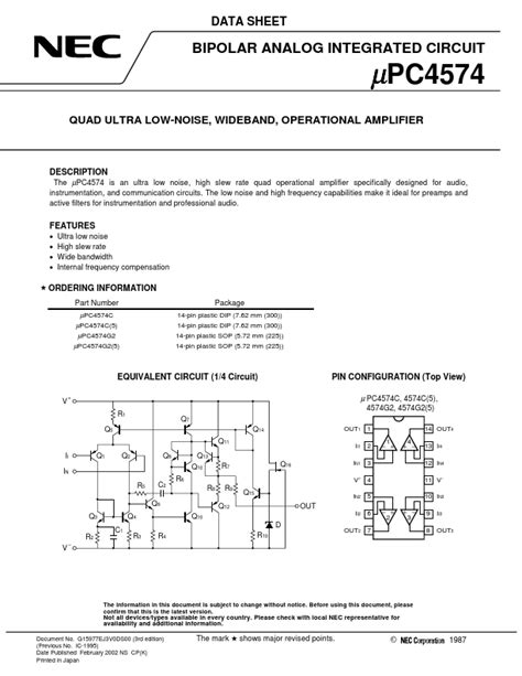 UPC4574C Datasheet QUAD ULTRA LOW NOISE WIDEBAND OPERATIONAL AMPLIFIER