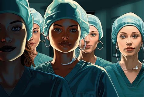 Premium Photo Women In Blue Scrubs Smiling In A Row In The Style Of