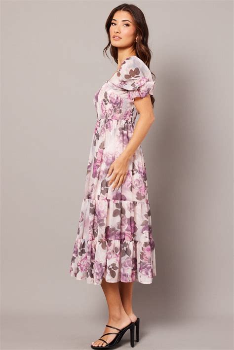 Pink Floral Maxi Dress Puff Sleeve Ally Fashion