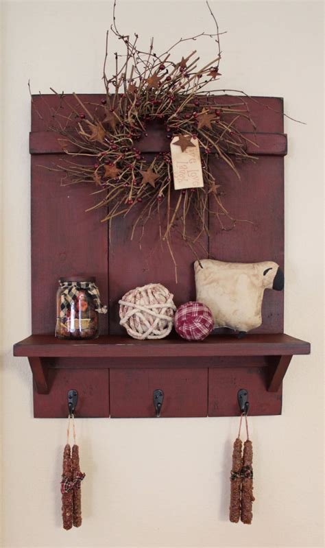 Handmade Primitive Country Distressed Wall Shelf With 3 Rubbed