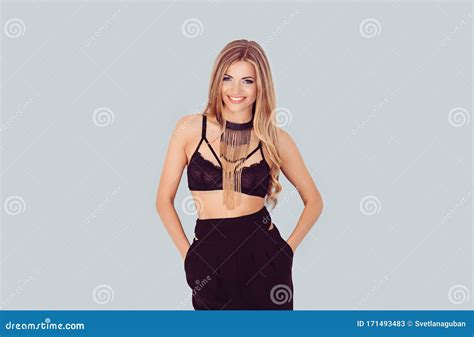 Sexy Confident And Happy Smiling Beautiful Woman In Black Strap Bra