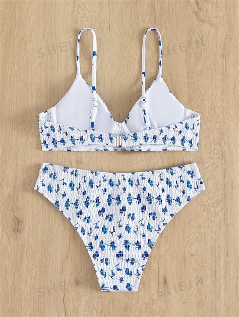 SHEIN Swim Floral Print Bikini Set Smocked Push Up Bikini Bra Top