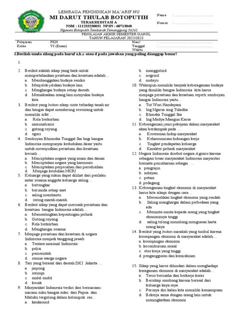 Soal Pkn Kls 6 Smt 1 Pdf