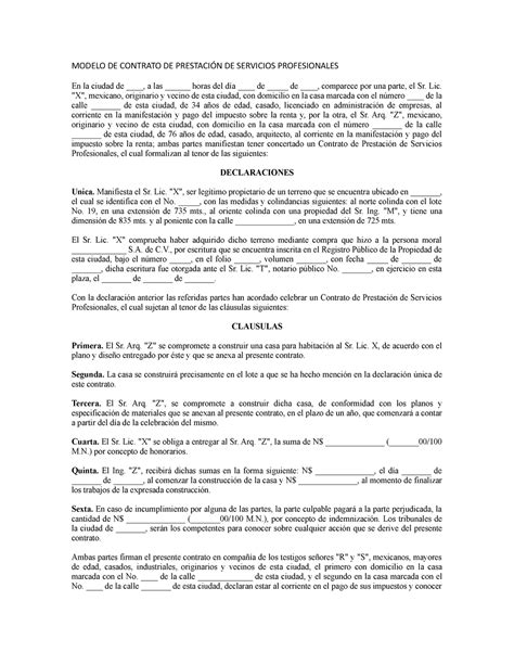 Modelo De Contrato De Prestacion De Servicios Profesionales De Abogado