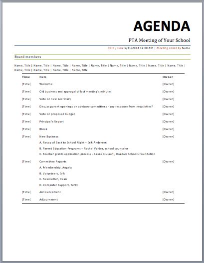 Pta Meeting Agenda Templates Printable Meeting Agenda Templates