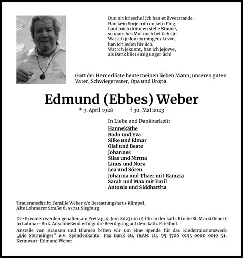 Traueranzeigen Von Edmund Weber Wirtrauern