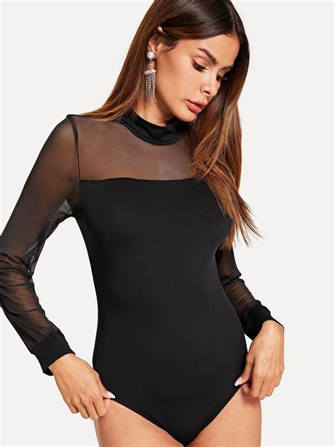 Mock Neck Mesh Shoulder Bodysuit Neckmockmesh Bodysuit Women Top