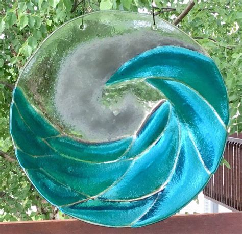 Turquoise Blue Stained Glass Ocean Waves Fused Glass Window Panel Suncatcher Window Panels