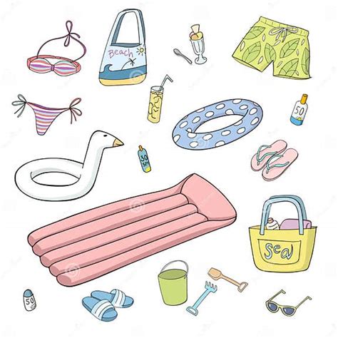 Summer And Beach Items Set Of Colorful Vector Illustrations Stock Illustration Illustration