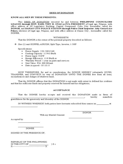 171756729 Deed Of Donation Sample Form Deed Private Law