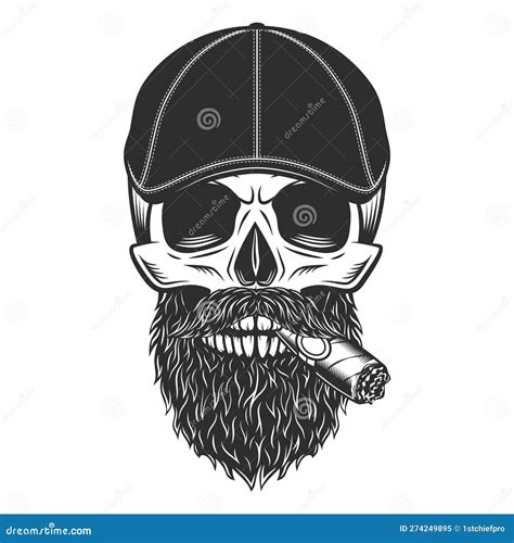 Skull Smoking Cigar Or Cigarette With Beard And Mustache In Gangster