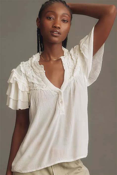 Maeve Short Sleeve Ruffle Yoke Blouse Anthropologie