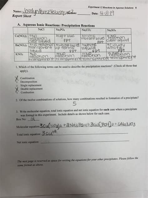 Solved Experiment 12 Reactions In Aqueous Solutions Date