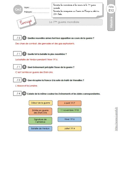 cm2 HISTOIRE 1914 1918 La 1ère guerre mondiale Evaluations corrigées