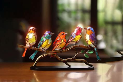 Stained Glass Birds On Branch Desktop Ornaments