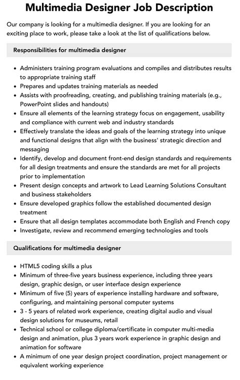 Multimedia Designer Job Description Velvet Jobs