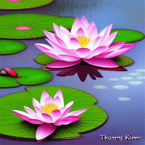 Pink Lotus Flowers Floating On Water By Thomas Kinkade Creative Fabrica