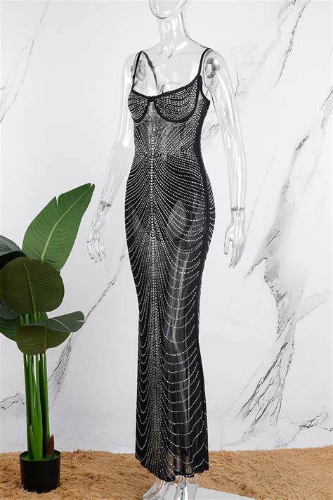 Wholesale Apricot Sexy Patchwork Hot Drilling See Through Backless Spaghetti Strap Long Dress