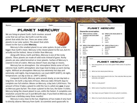 Mercury Reading Comprehension Passage And Questions Pdf Teaching