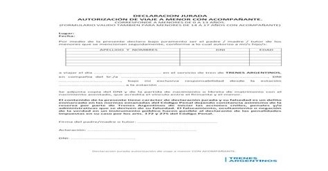 Declaracion Jurada AutorizaciÓn De Viaje A Menor · Declaración Jurada