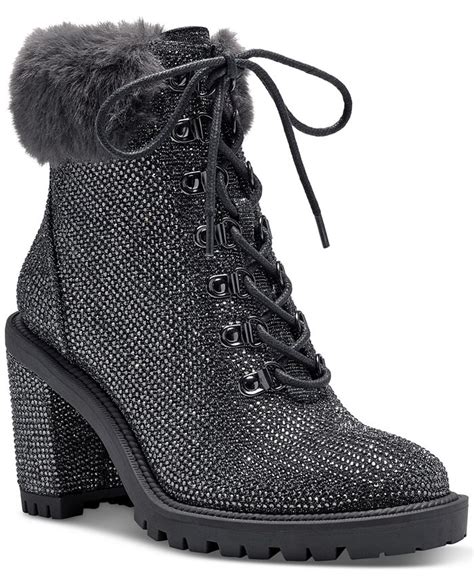 Jessica Simpson Womens Deliah Fluffy Furry Rhinestone Lace Up Combat