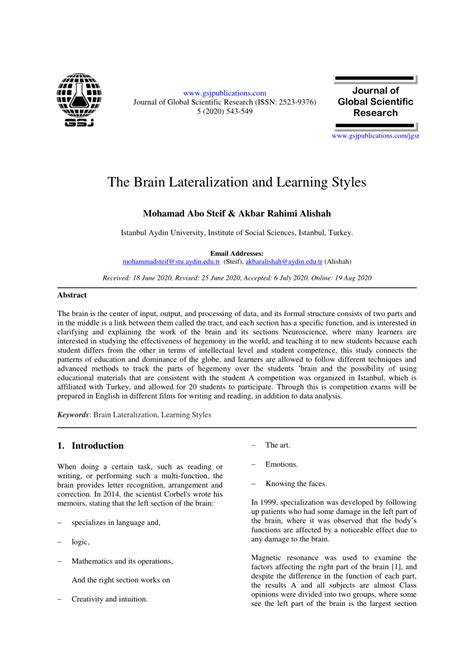 (PDF) The Brain Lateralization and Learning Styles