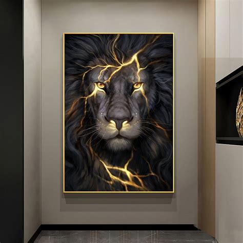 Wall Art Posters Lion Figure Black and Golden Fall Home Canvas Painting ...