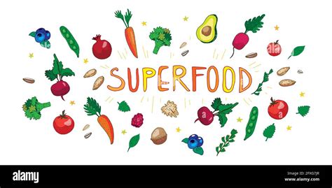 Superfood Banner With Vegetables Flakes Greens Fruits Berries Nuts