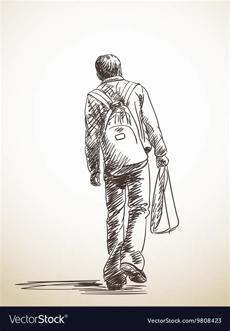 Sketch Walking Man From Back Hand Drawn Royalty Free Vector