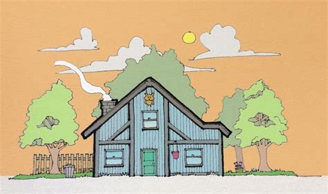 a drawing of a blue house with trees in the front and yellow sky behind it