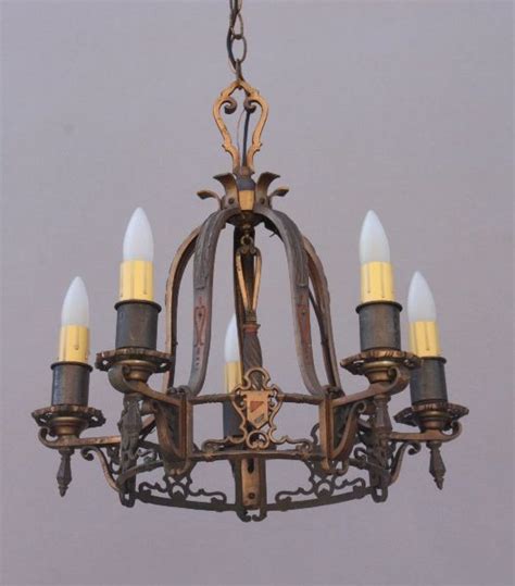 1920s Cast Brass 5 Light Chandelier W Shield Motif Antique