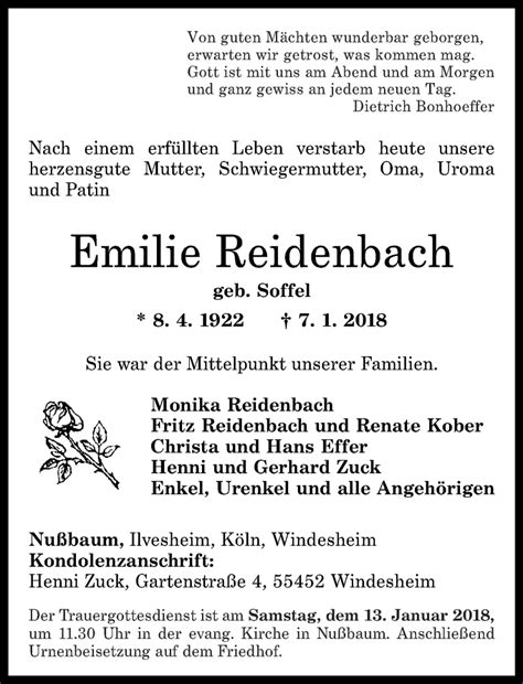 Traueranzeigen Von Emilie Reidenbach Rz Trauer De